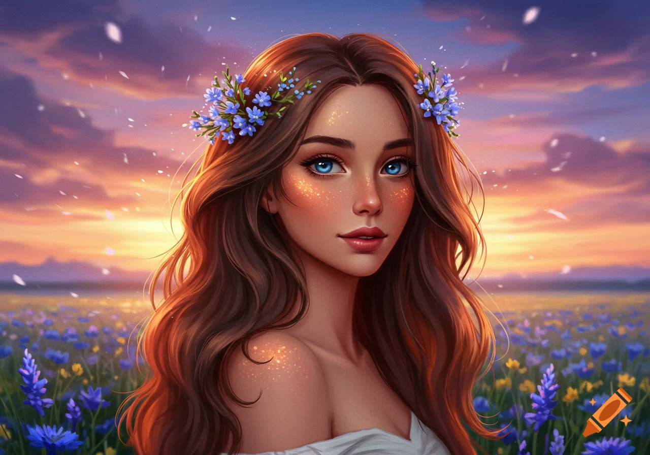 A beautiful woman with long brown hair and blue eyes, wearing a flower crown, stands in a field of purple flowers at sunset, in a digital art style.
