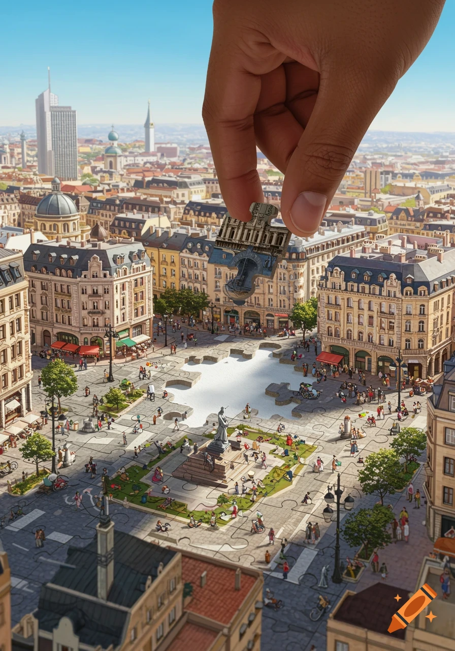 A giant hand places a building-shaped puzzle piece into a city square, completing a large cityscape puzzle with many tiny people.