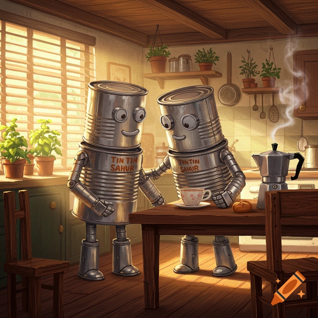 Two anthropomorphic tin can robots in a cozy kitchen, one holding a teacup, the other a moka pot. The robots have names printed on them.