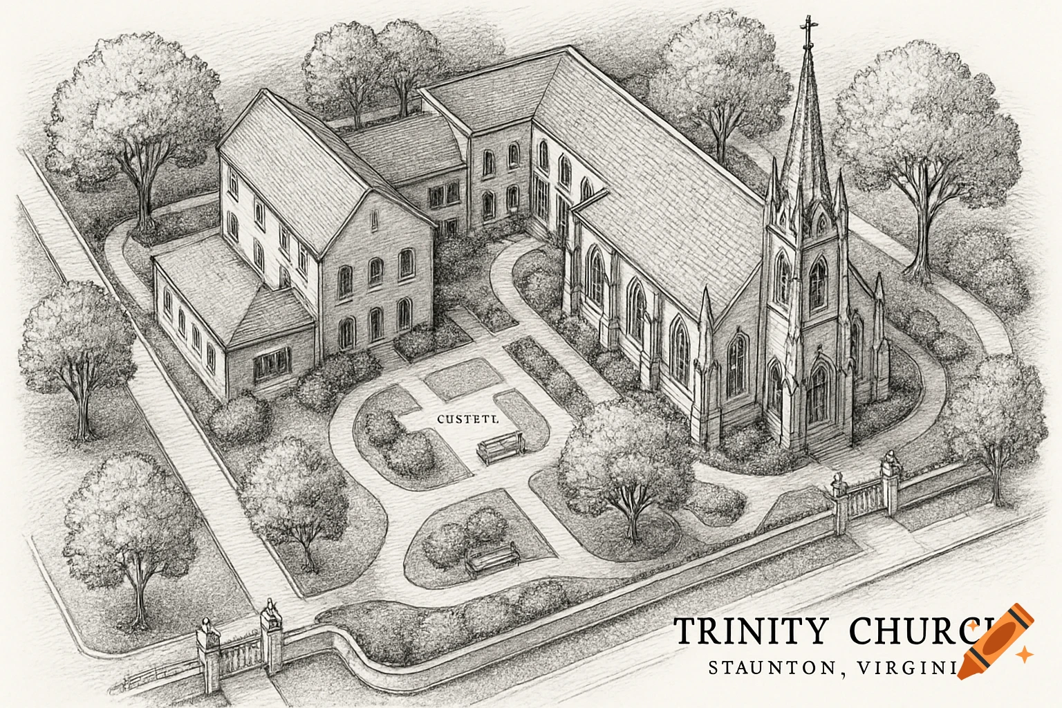 Black and white diagram of Trinity Church and its grounds in Staunton, Virginia, showing buildings, walking paths, and trees from an aerial view.
