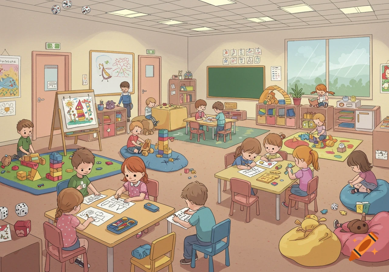 An illustrated kindergarten classroom filled with children engaged in various learning activities, including building blocks, drawing, and reading.