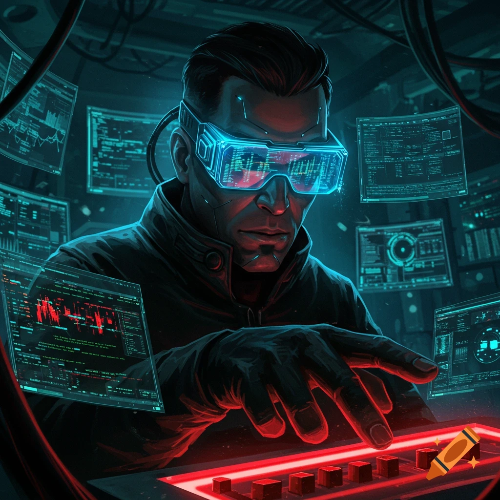 A man in glowing blue VR glasses works at a futuristic console amidst holographic screens displaying data in a dark, neon-lit room.