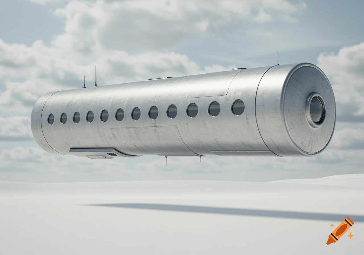 A long, seamless metallic cylinder with a row of portholes floats above a flat, white landscape under a cloudy sky.
