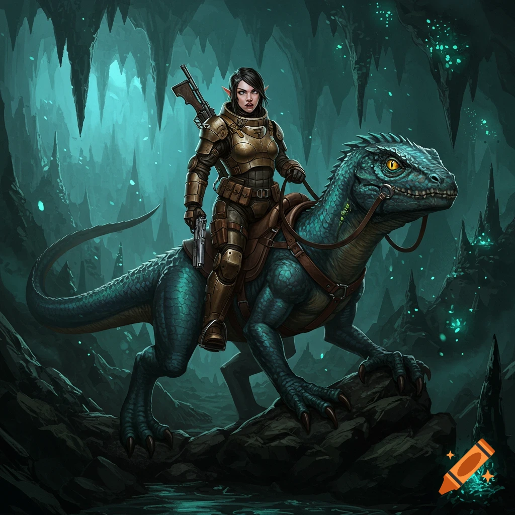 Dark elf woman in bronze armor rides a teal raptor-like creature through a glowing green cave. Digital fantasy art.