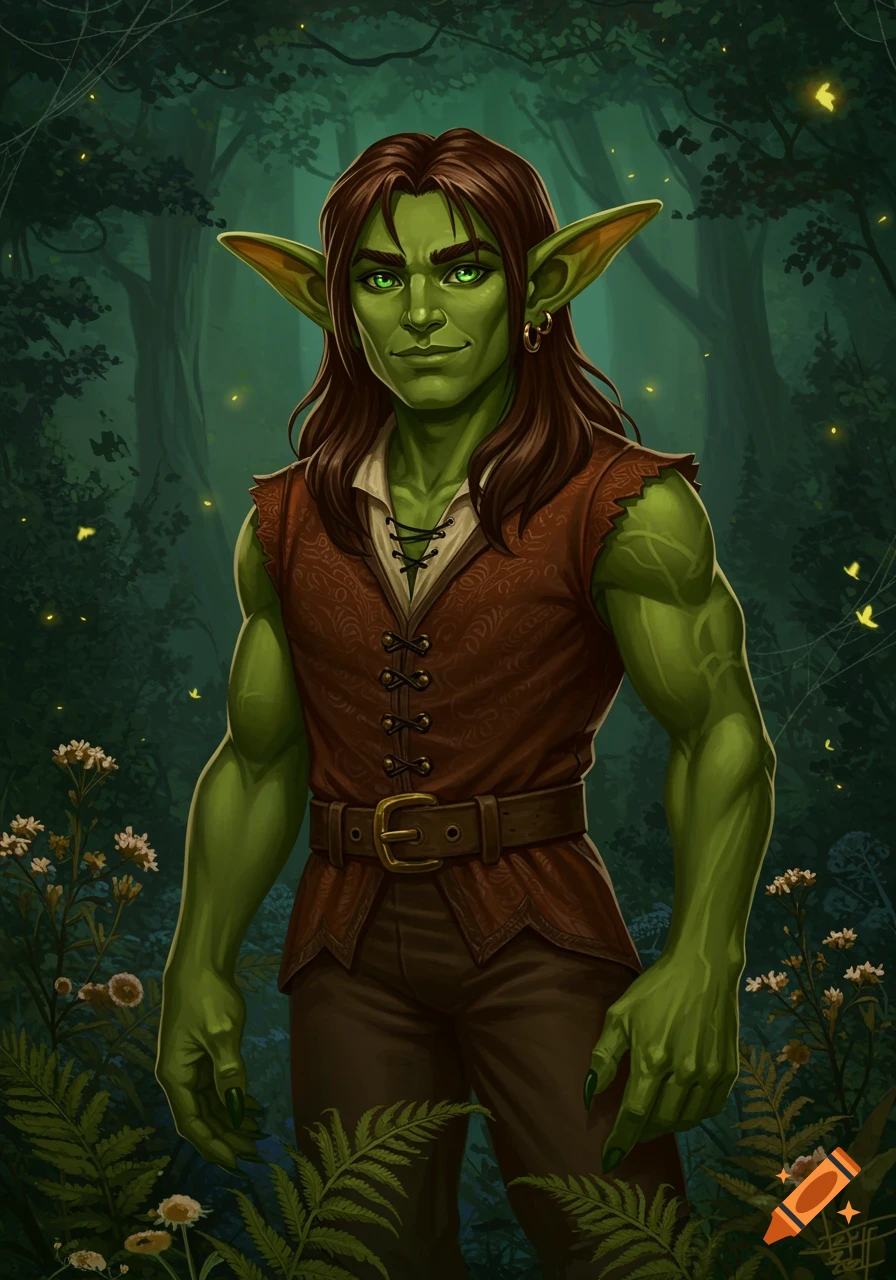 A detailed illustration of a male goblin with green skin, green eyes, and long brown hair, standing in a magical forest.