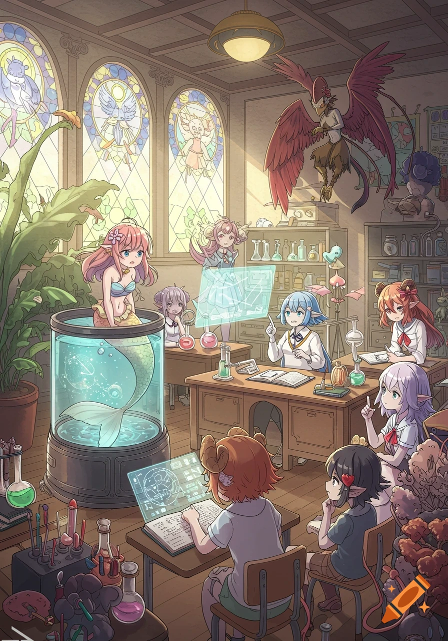 An anime-style illustration of monster girls in a science classroom, with a mermaid in a tank and students at desks.