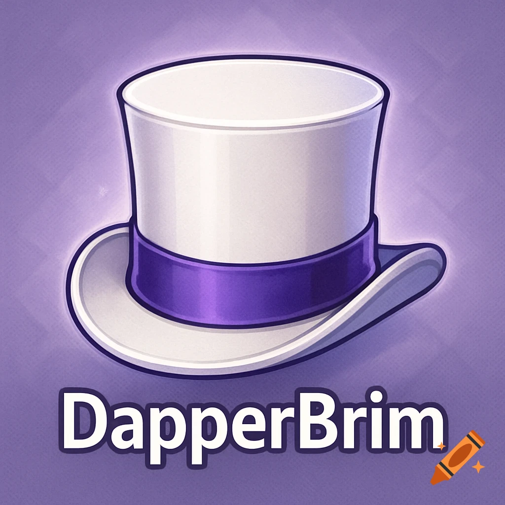 A white top hat with a purple band and the text DapperBrim on a purple background in an illustrative style.