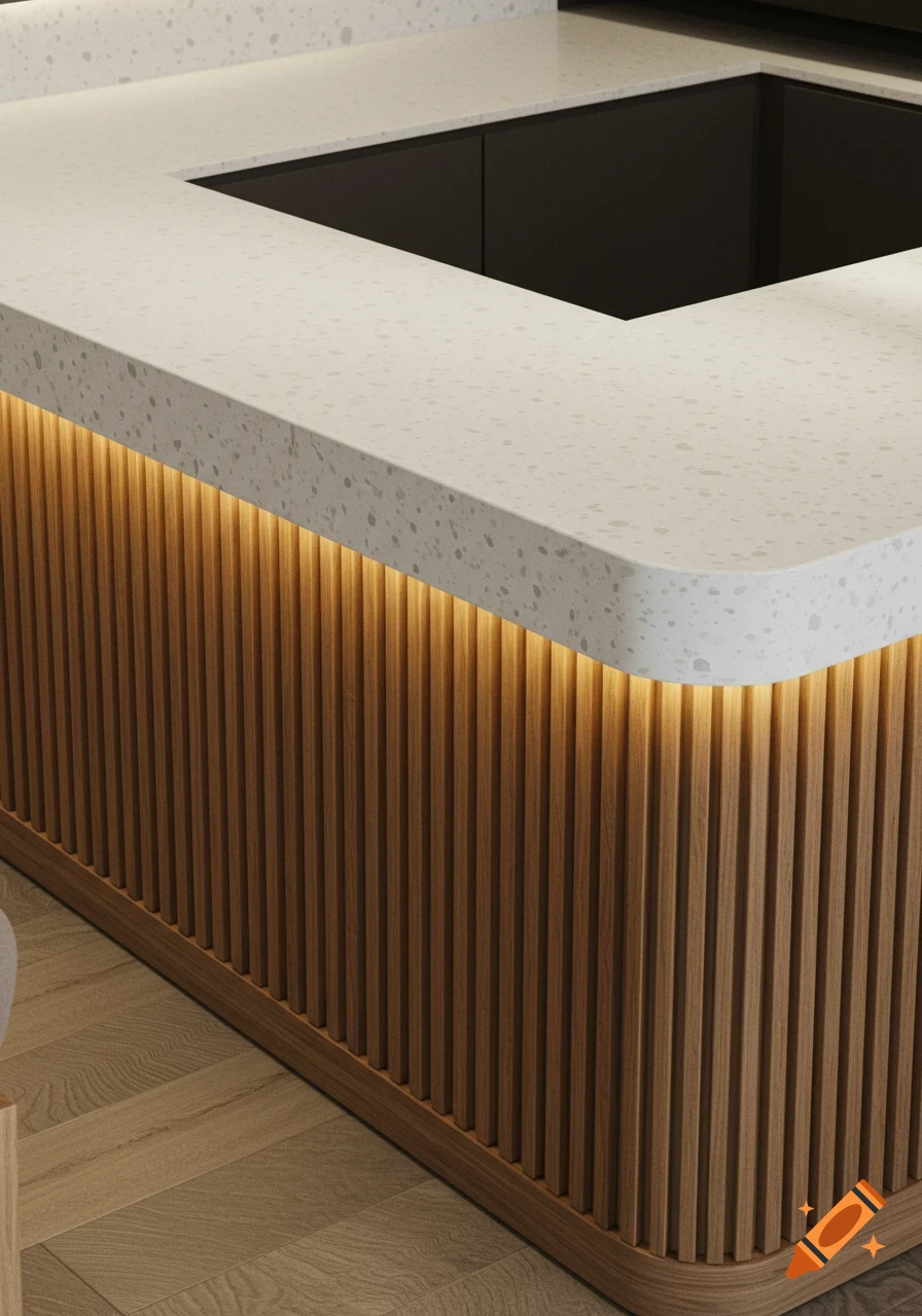 An L-shaped coffee shop counter with a white speckled quartz top and a base made of vertical wooden flute paneling with warm under-lighting.