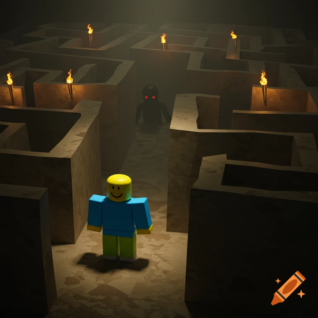 A Roblox noob avatar stands in a dimly lit maze, with a shadowy monster with glowing red eyes visible in the distance.