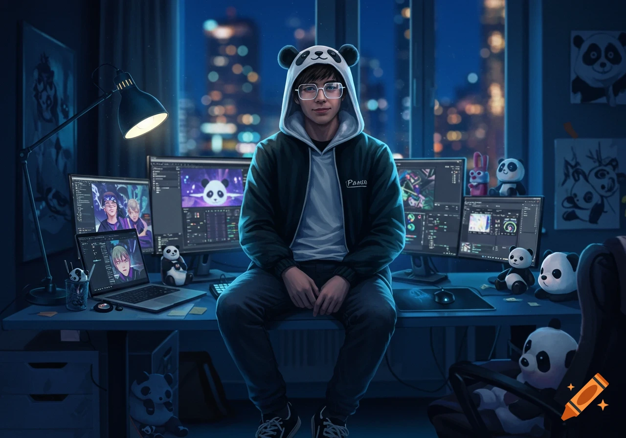A young man in a panda hoodie and glasses sits at a desk with multiple computer monitors, surrounded by panda decor in a dim room with city lights visible.