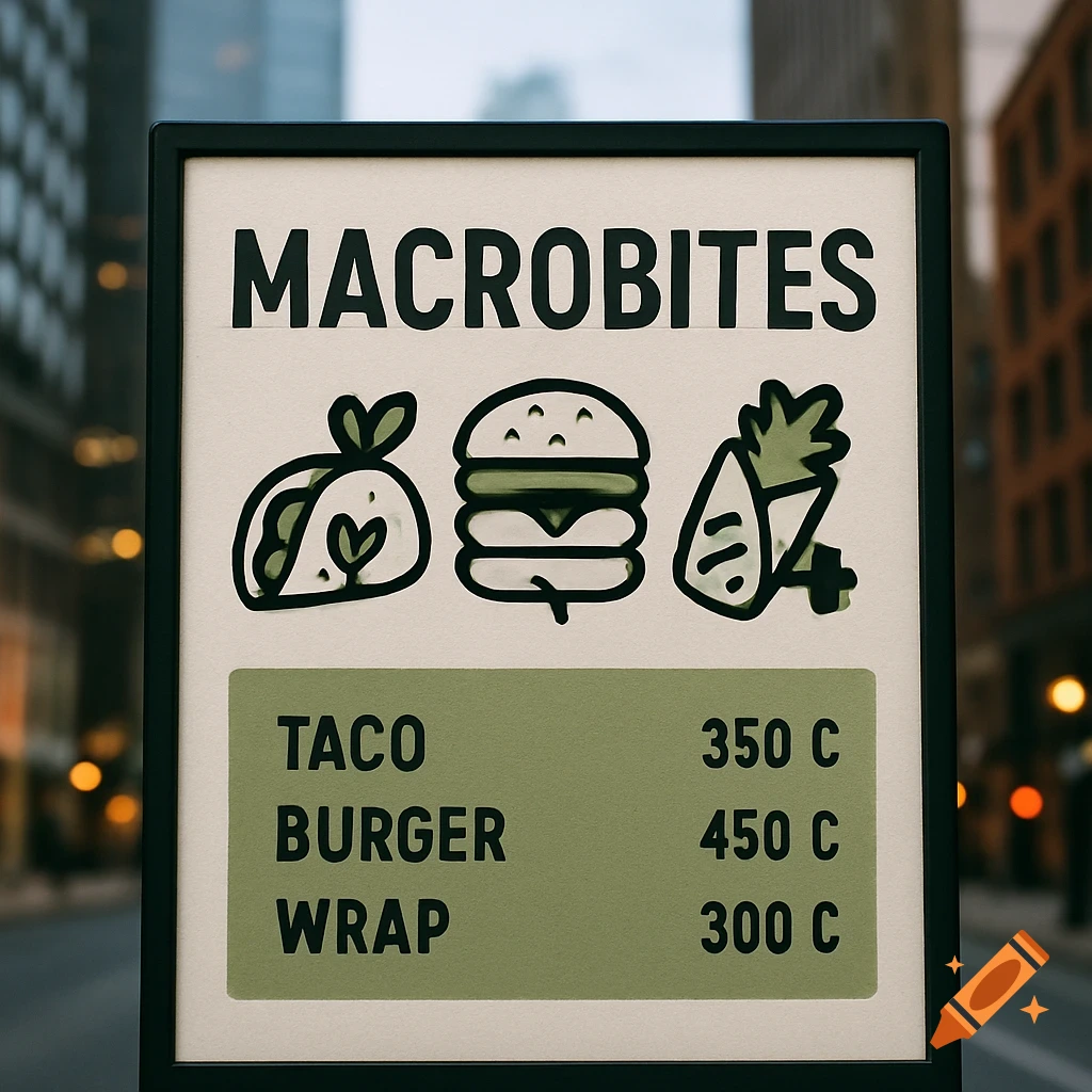 A food truck sign for "MACROBITES" featuring cartoon illustrations of a taco, burger, and wrap, with a menu listing items and prices, set against a blurred urban background.