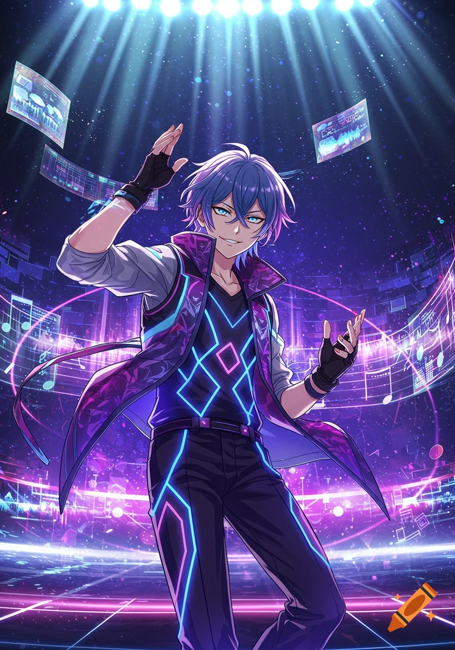 Anime male character with blue hair and glowing eyes in a futuristic, neon-lit music concert setting, performing on stage.