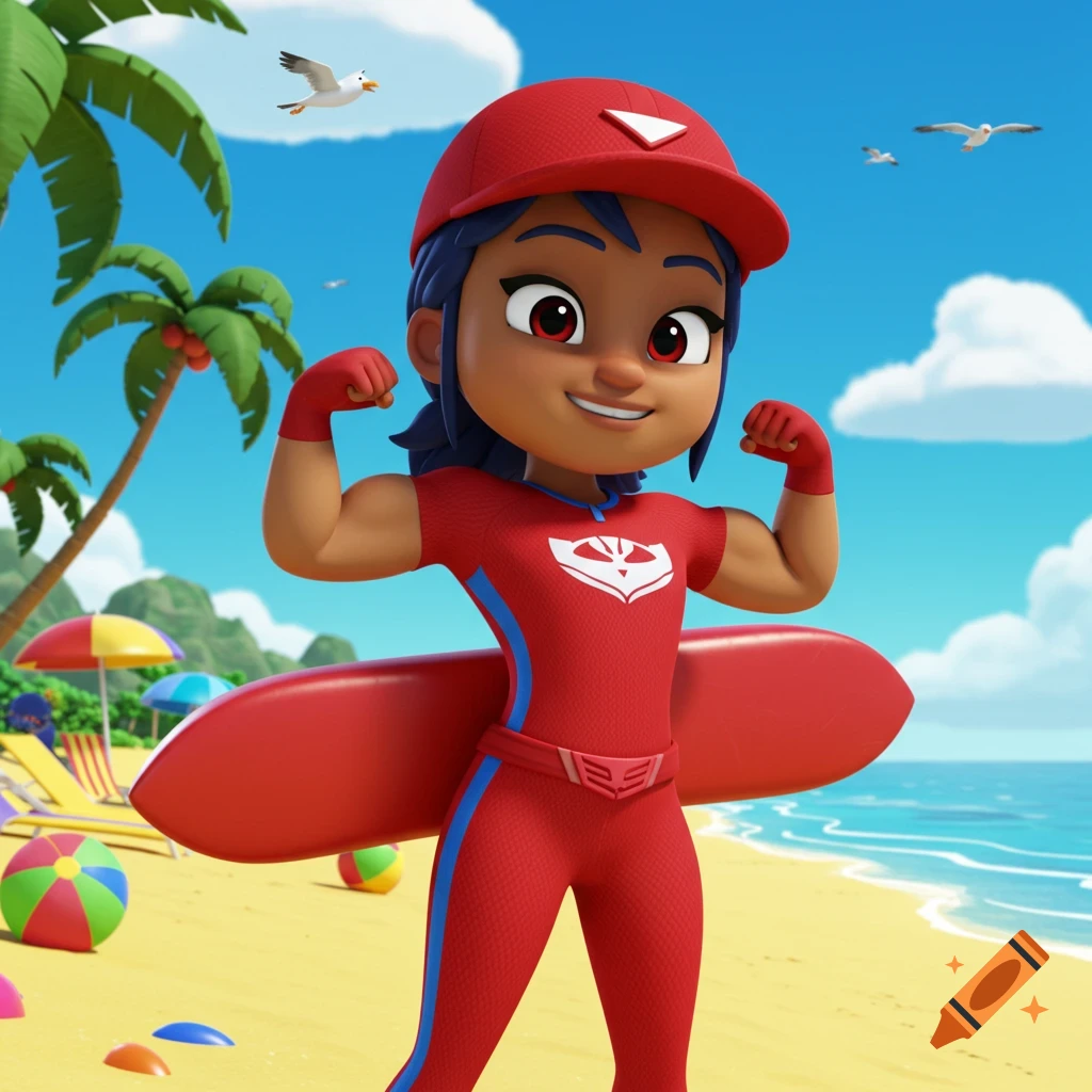 A cartoon female lifeguard in a red uniform and cap flexes her muscles on a sunny beach with palm trees and ocean in the background.