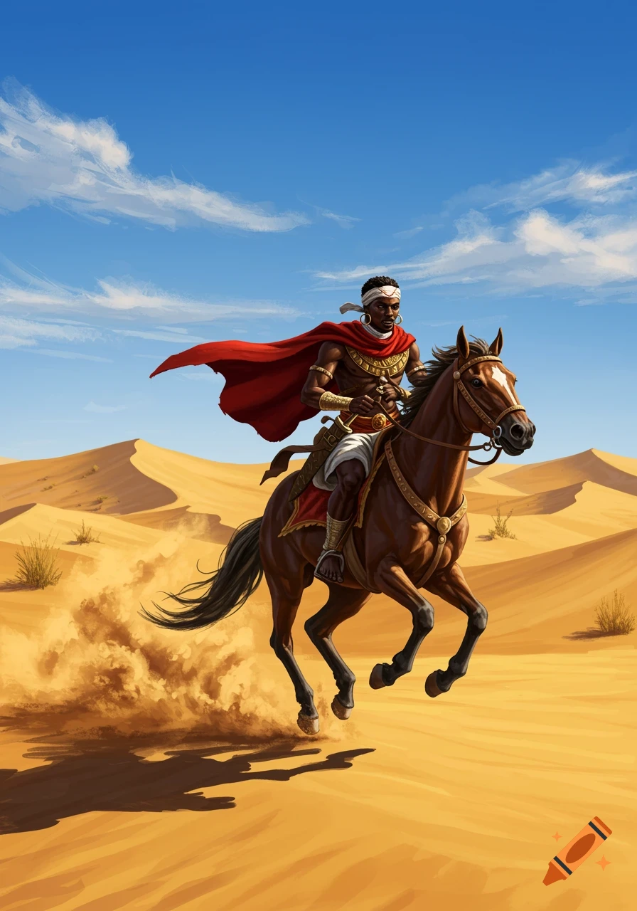 A dark-skinned warrior in a red cape rides a horse through a golden desert under a blue sky, kicking up dust.