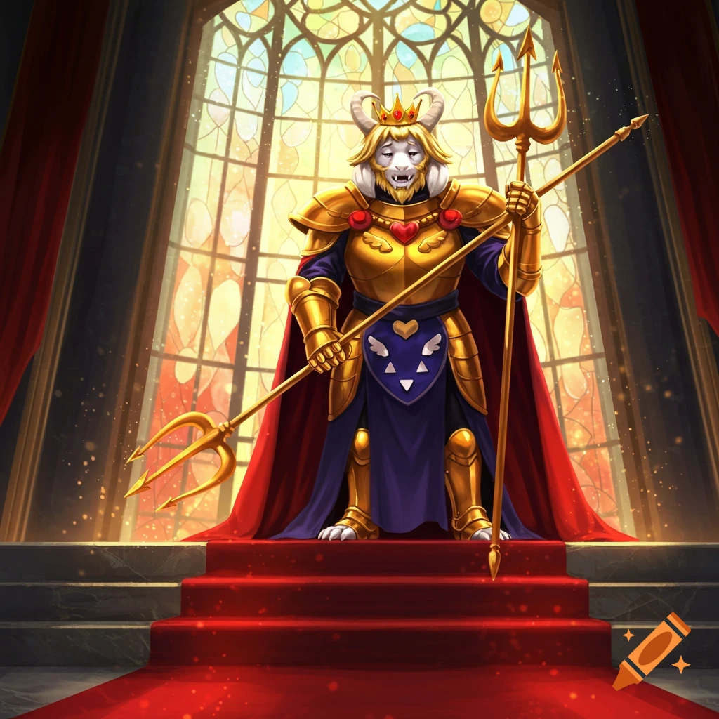 A regal goat-like king in golden armor and a red cape stands on a red carpet, holding a golden trident in a grand hall with stained glass windows.