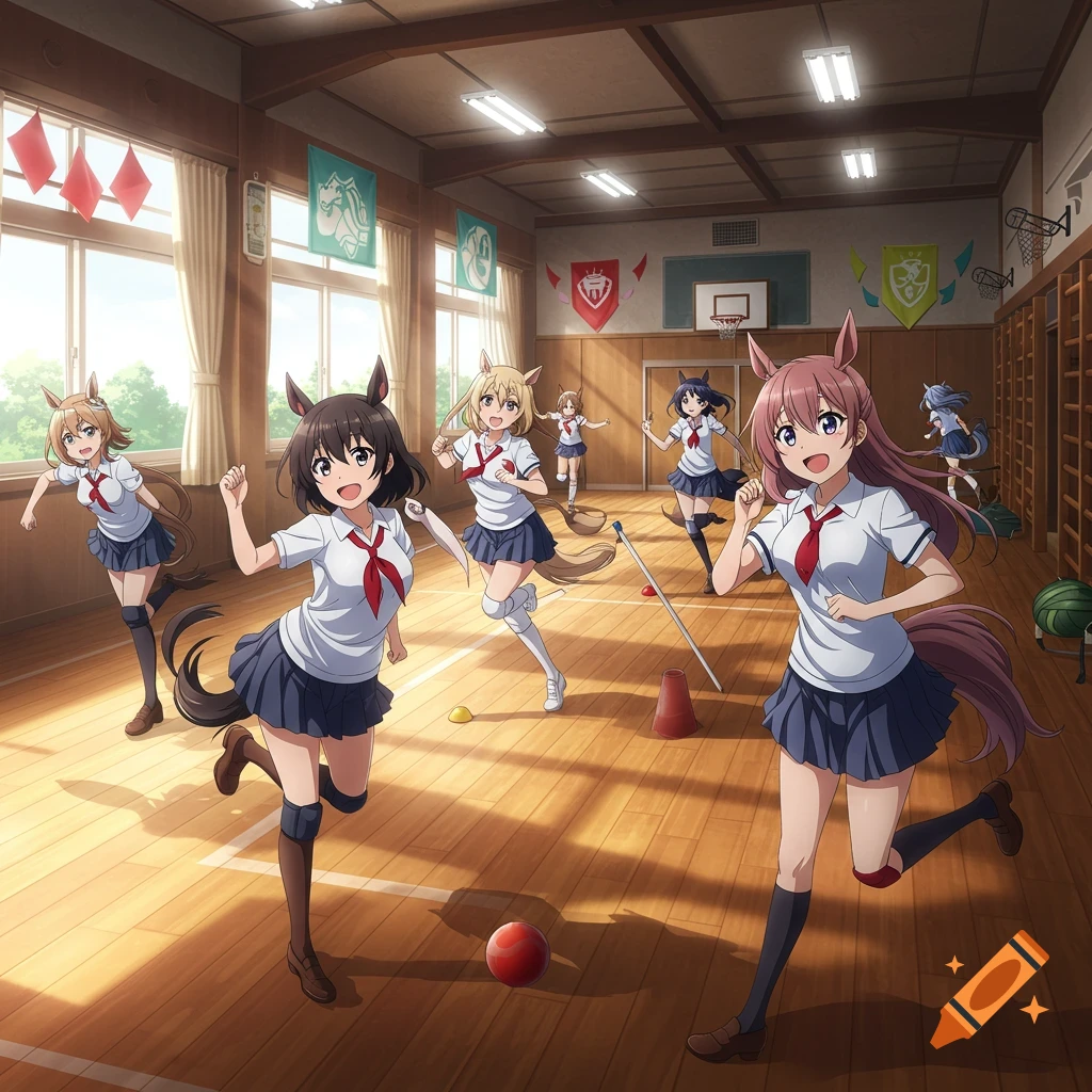 Anime girls with horse features running in a school gym, in the style of Uma Musume Pretty Derby.