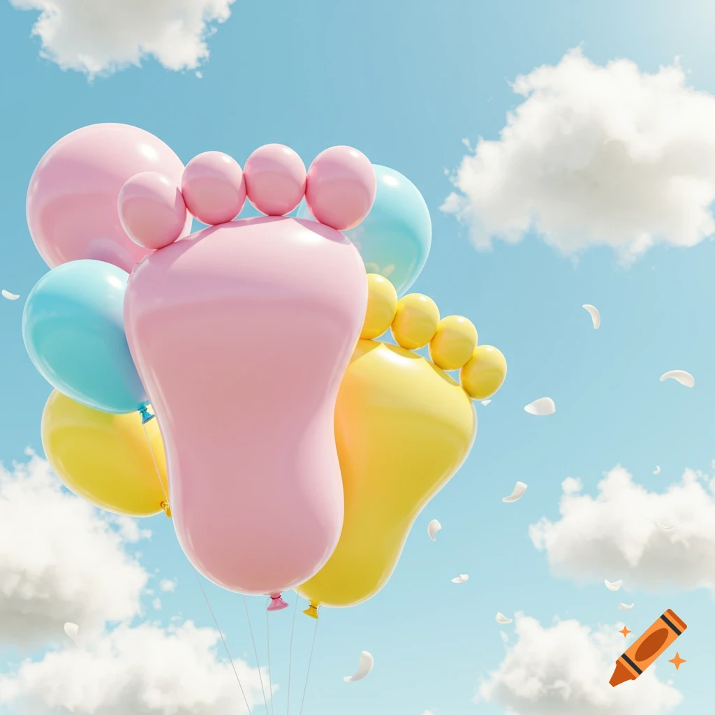 Colorful pink, yellow, and blue balloons shaped like baby feet float in a bright blue sky with white clouds and falling petals.