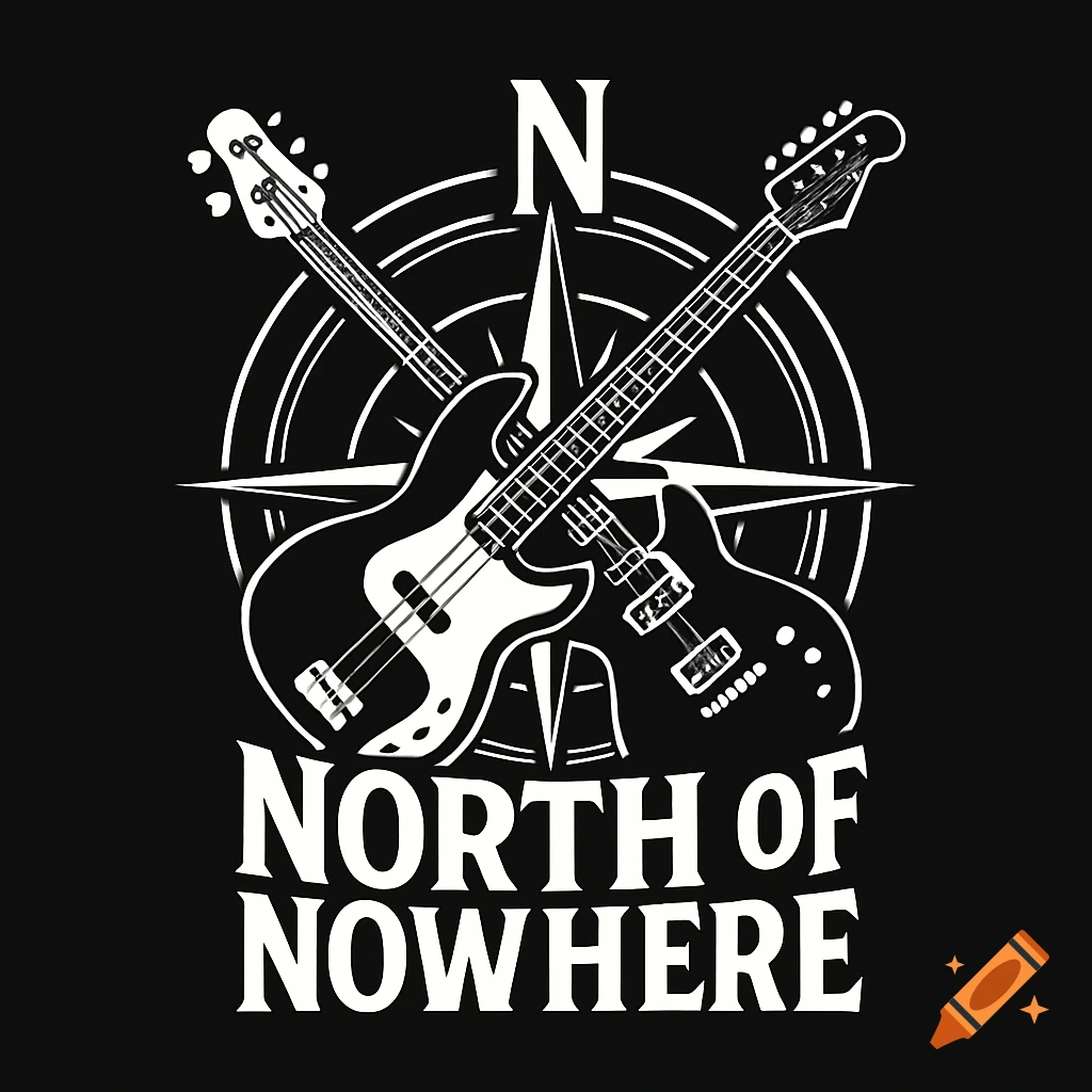 A black and white band logo featuring two guitars (a bass and an electric guitar) crossing over a compass with the letter 'N', with the text 'NORTH OF NOWHERE' below.