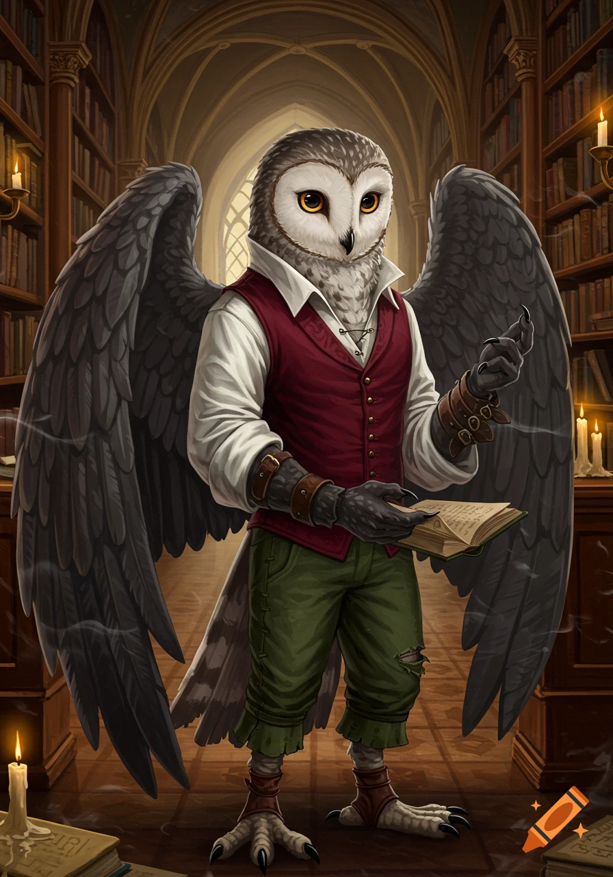 A detailed anthropomorphic owl scholar wearing a red vest and green pants, holding a book in an ancient library.