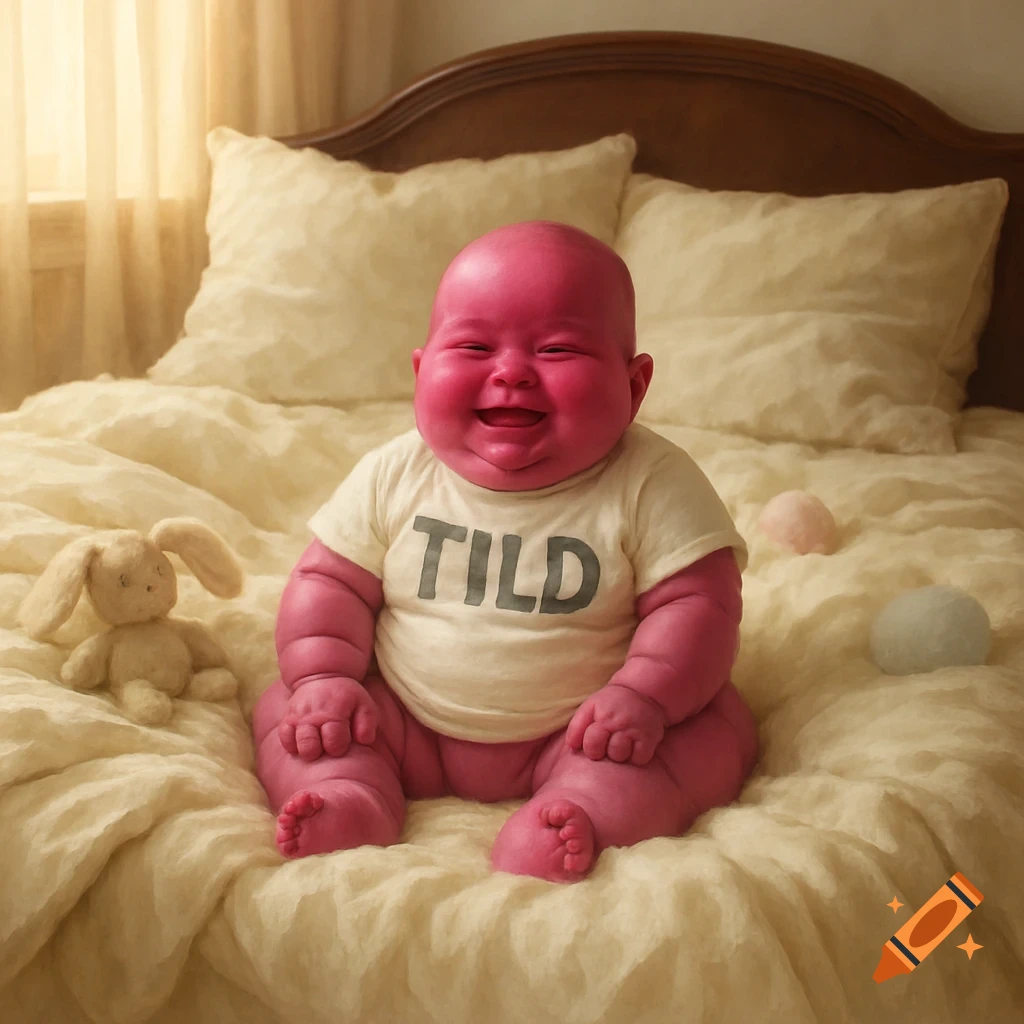 A plump magenta-skinned baby in a 'TILD' shirt smiles happily on a beige bed next to a bunny toy.