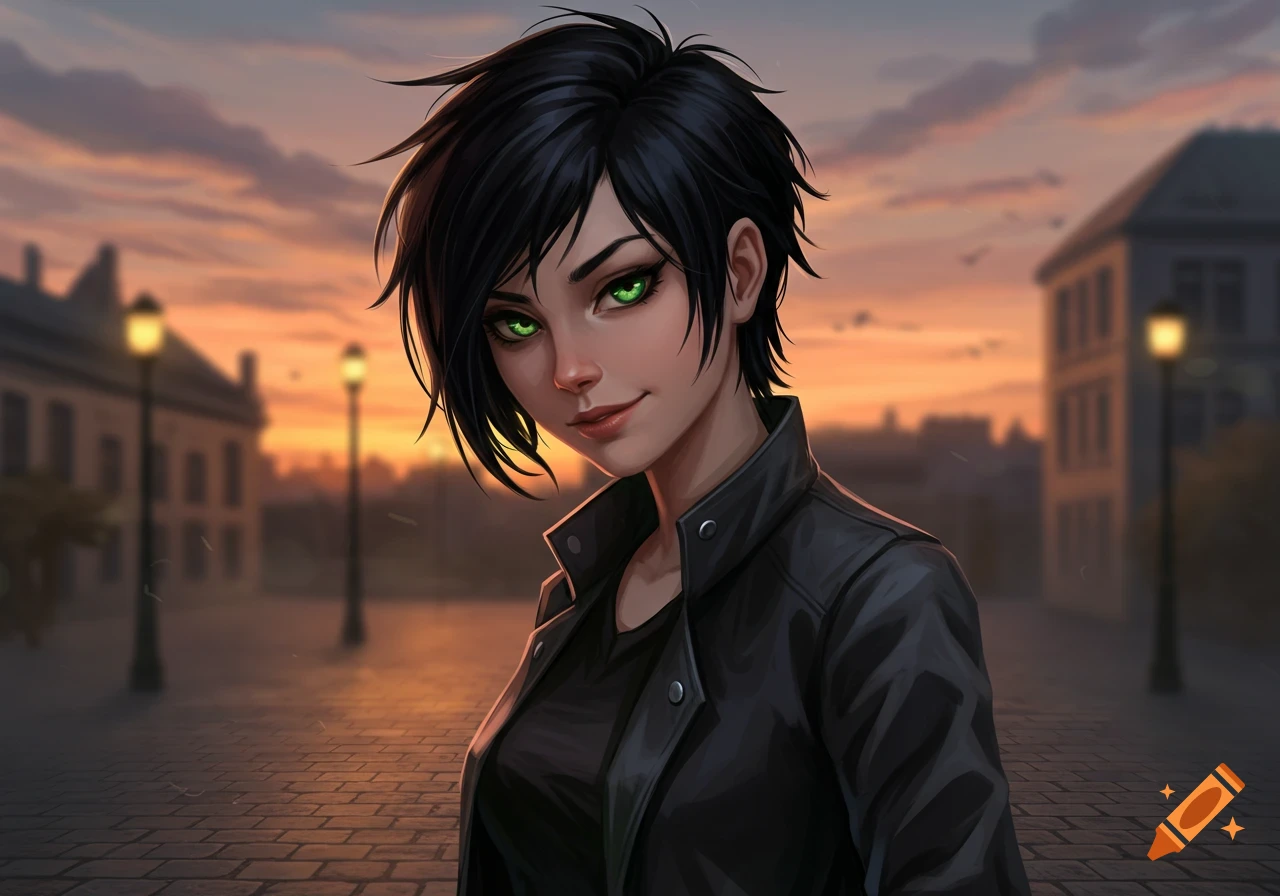 A stylized portrait of a young woman with short black hair and bright green eyes, wearing a black jacket, smirking against a sunset city background.