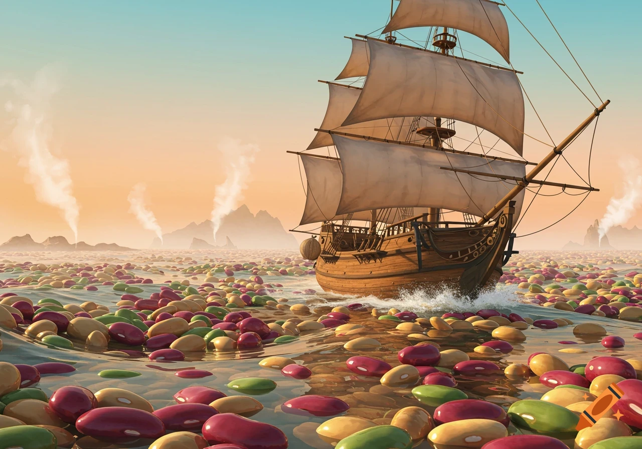 A ship sails on a vast sea composed of colorful, large beans under a gradient sky.