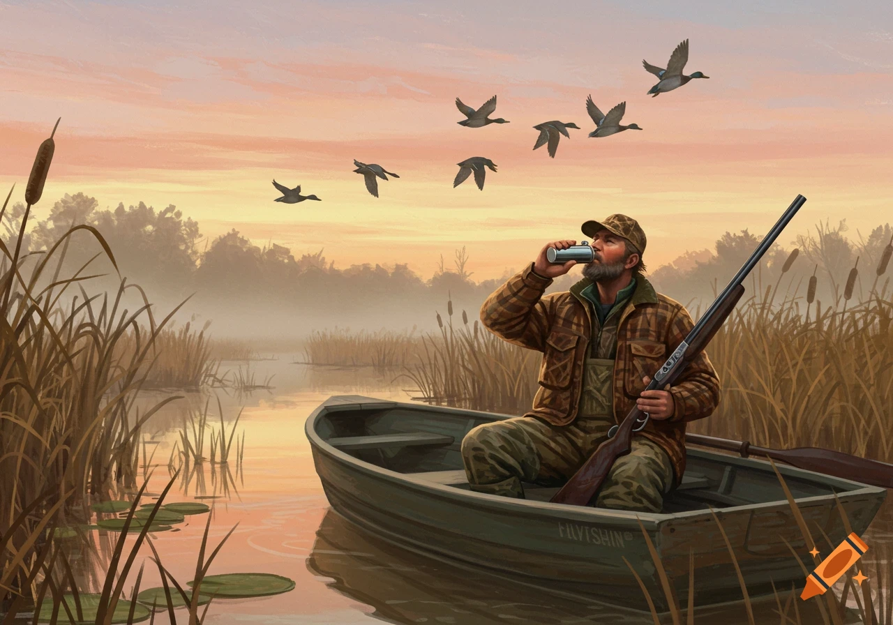 A hunter in a boat drinks from a can while ducks fly over a misty marsh at sunset, holding a shotgun. Illustrated style.