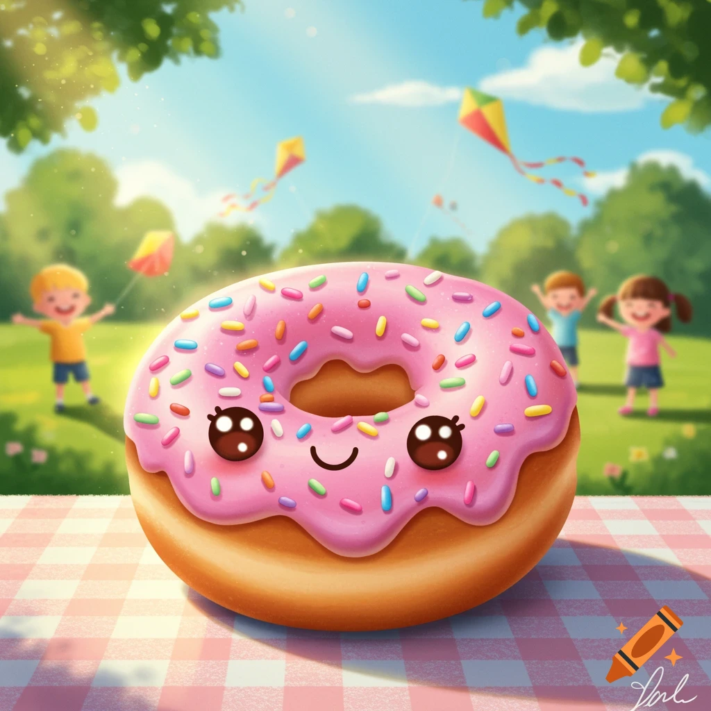 A cute, pink-frosted donut with sprinkles and a smiley face on a picnic blanket, with children playing kites in a sunny park.