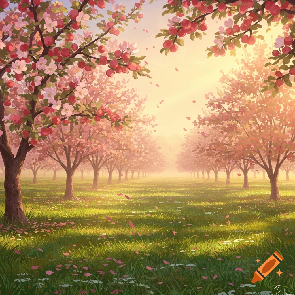 A vibrant, painterly scene of an apple orchard in bloom with pink flowers and red fruit, bathed in golden sunlight.