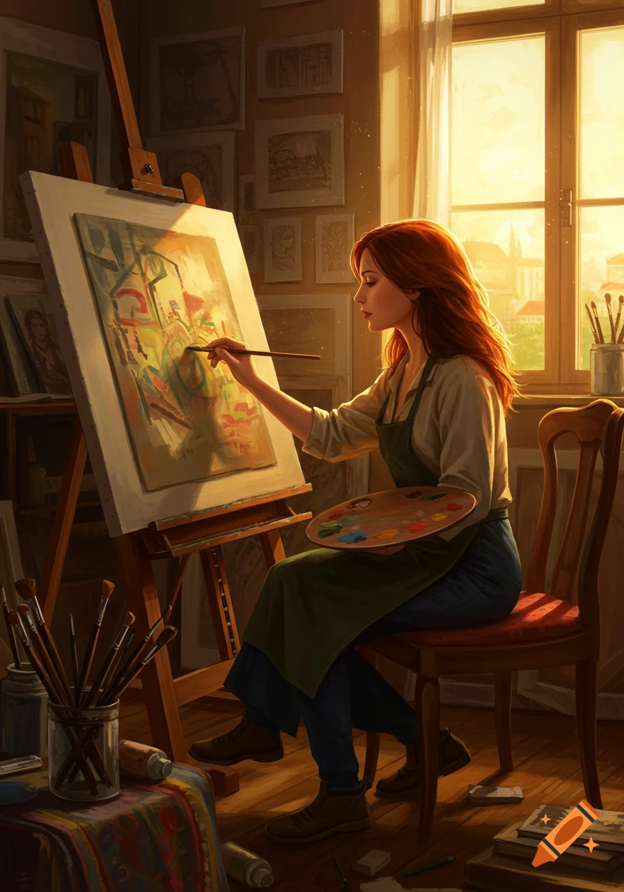 A woman artist with red hair paints at an easel in her sunlit studio, surrounded by artwork.