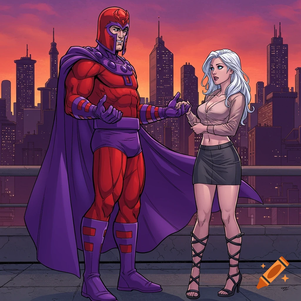 Comic book style image of Magneto offering his hand to a woman with white hair on a rooftop at sunset.