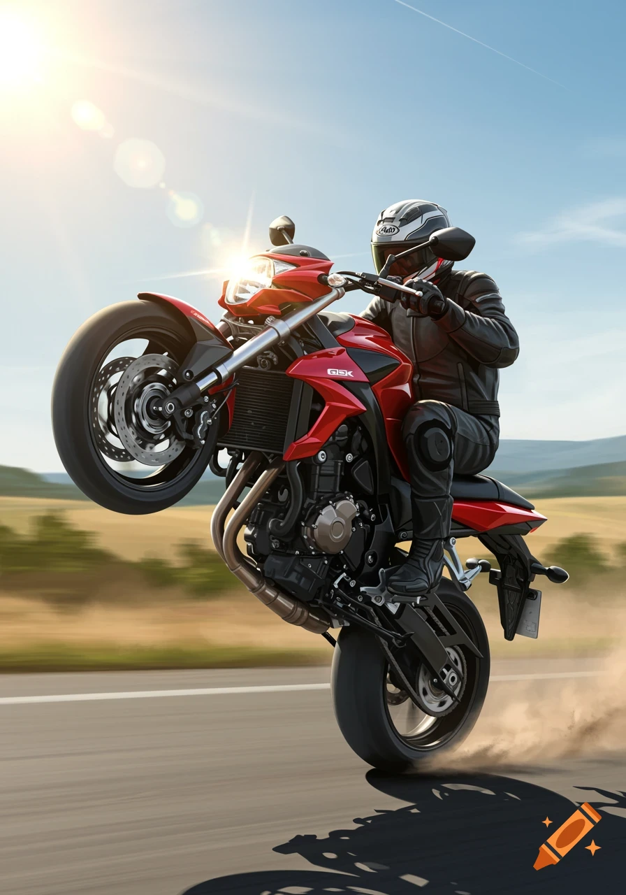 A rider performs a wheelie on a red Suzuki GSX motorcycle on a sunny road, kicking up dust.
