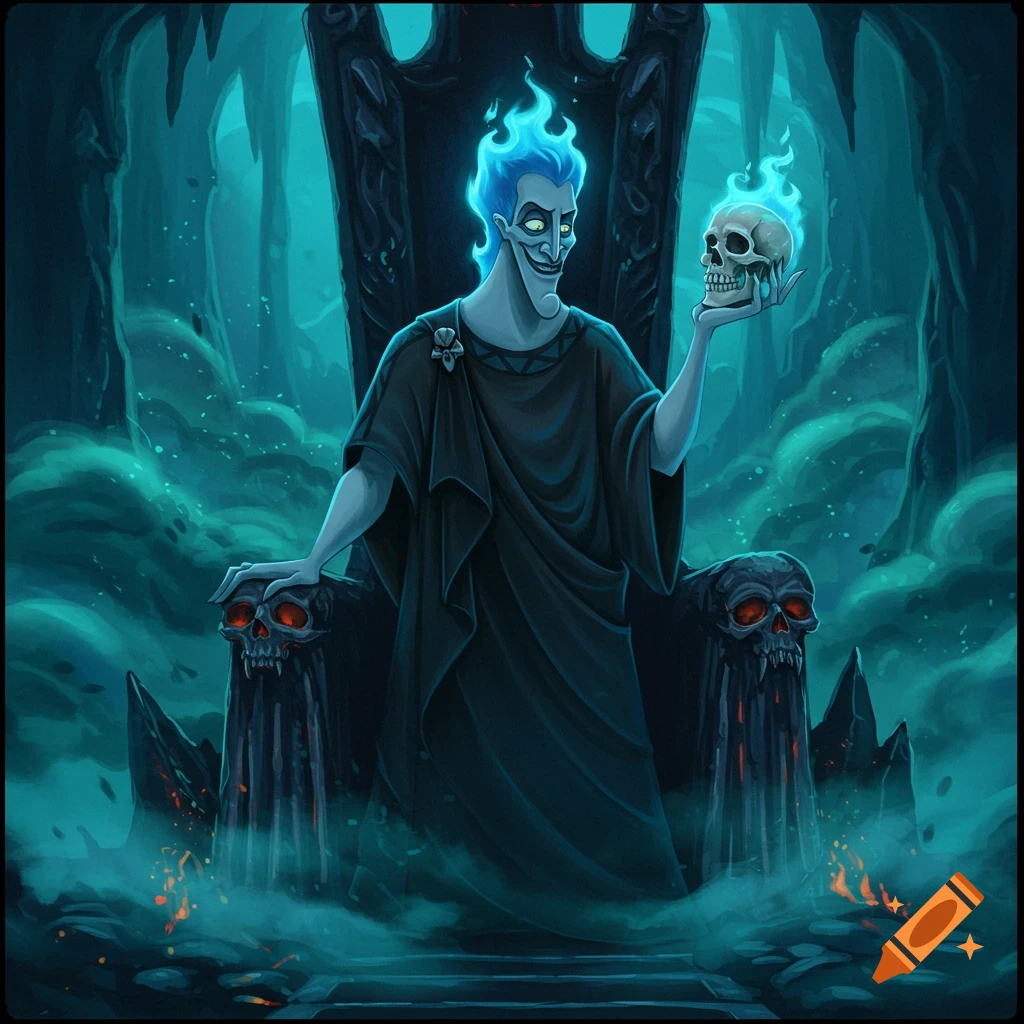 Disney's Hades sits on his throne, holding a glowing skull in a dark, stylized underworld setting.