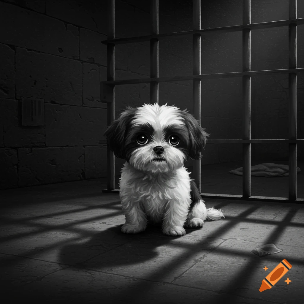 Black and white image of a sad shih tzu puppy sitting in a prison cell with bars casting shadows.