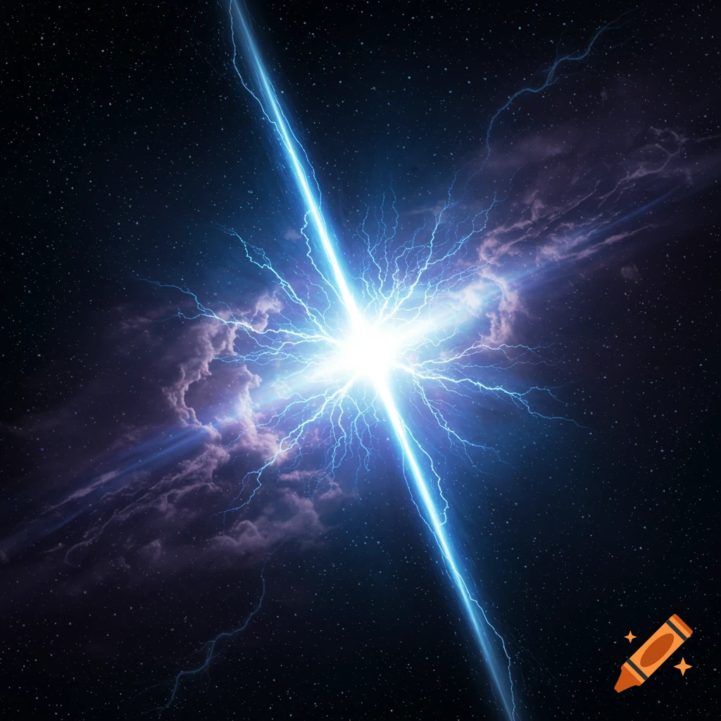 A bright blue beam of light from a star-like object pierces through dark space, surrounded by radiating energy and purple cosmic clouds.