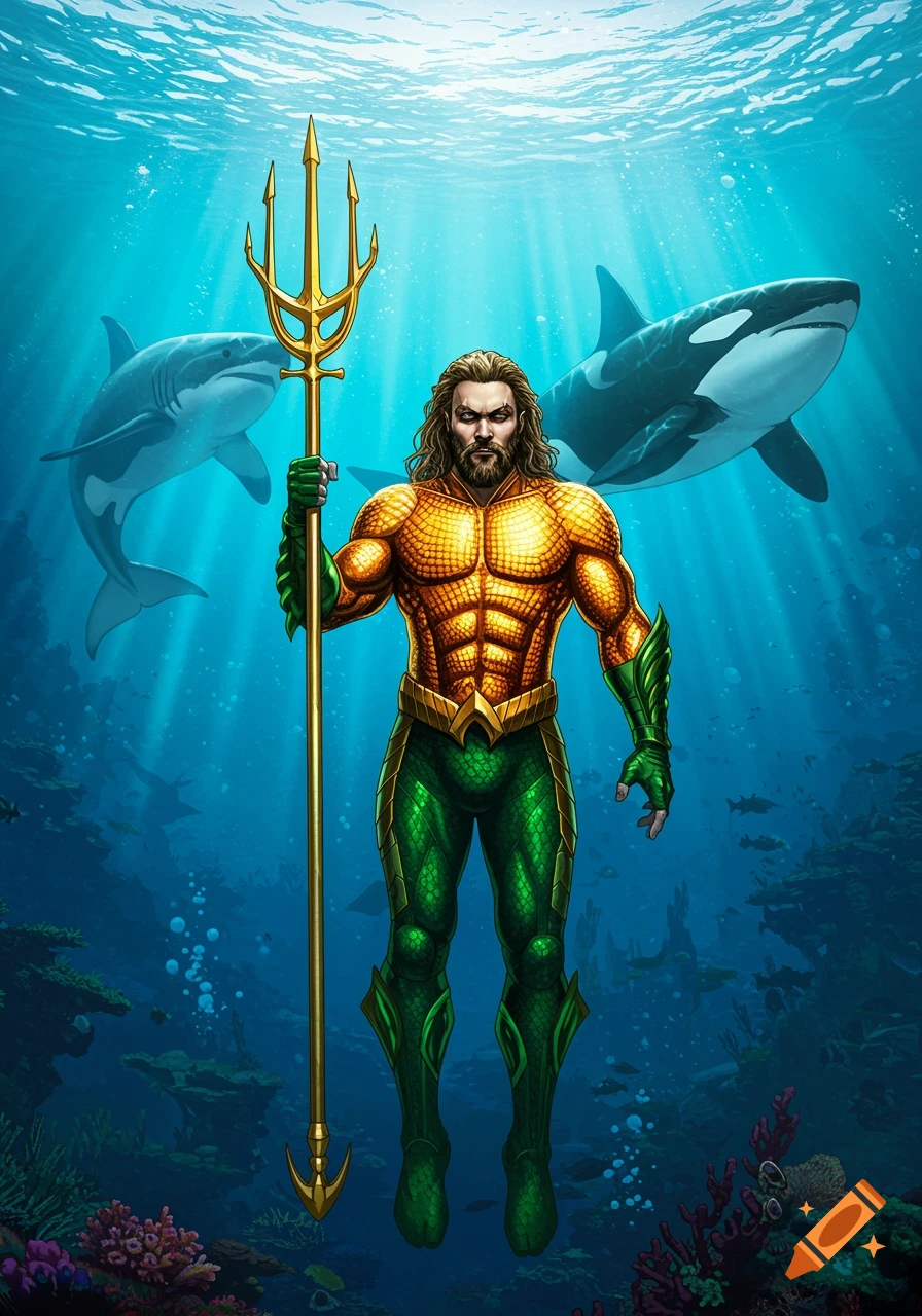 Aquaman-like superhero with a golden trident stands underwater between a great white shark and an orca, in a comic book style.