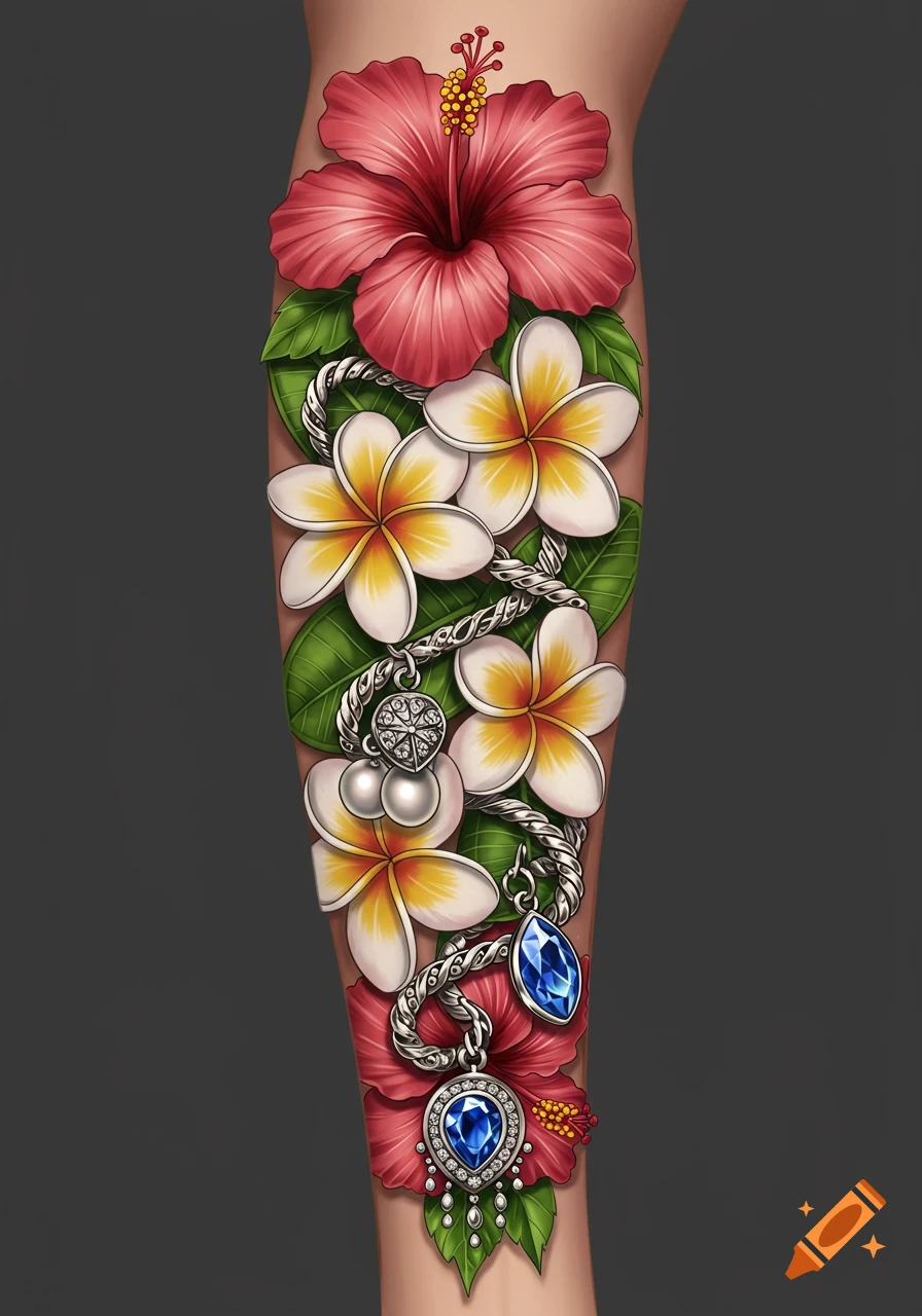 Detailed half sleeve tattoo featuring red hibiscus, white plumeria flowers, and silver chains with pearl and blue gem charms.