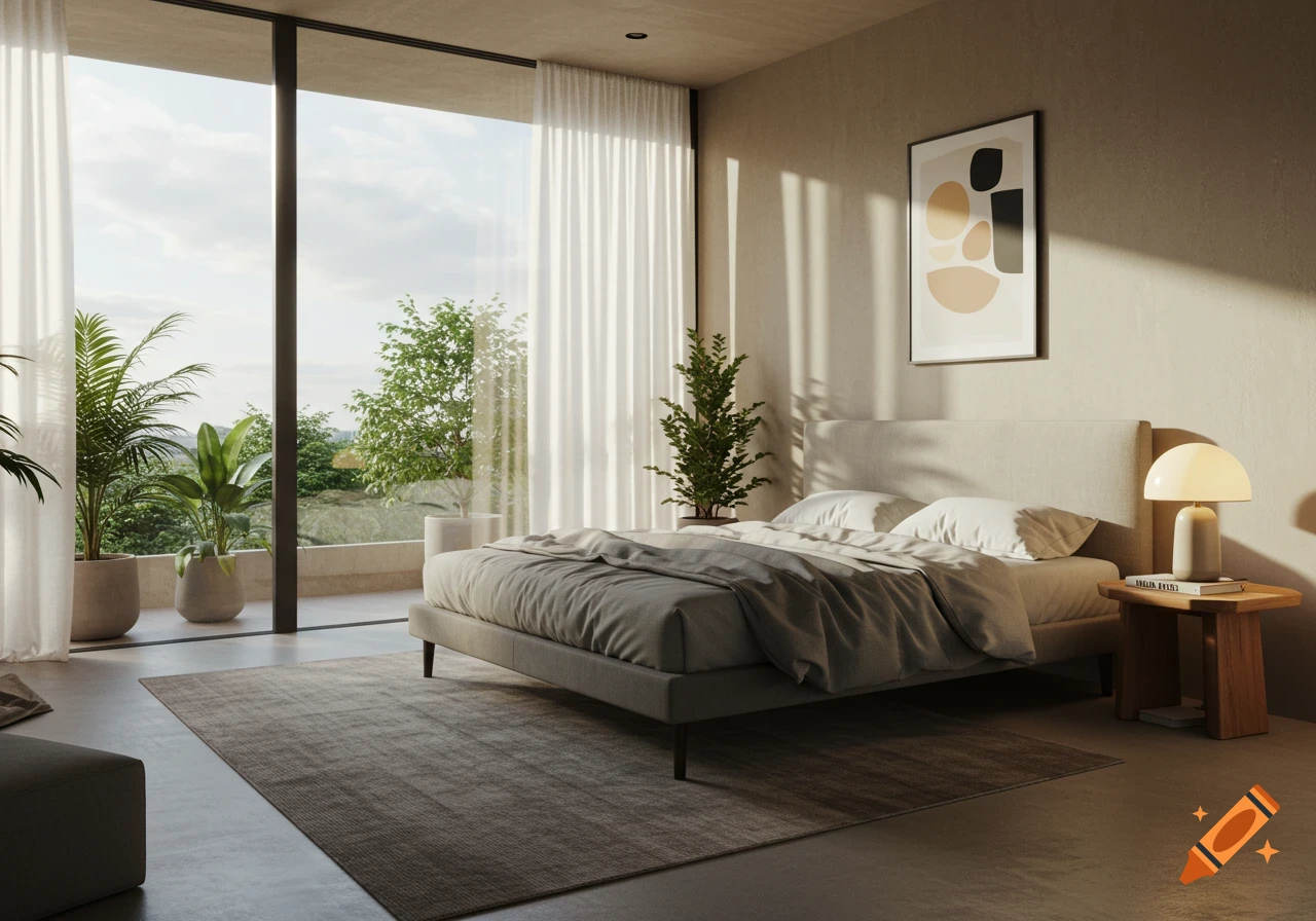 A bright, modern bedroom with a large bed, minimalist side table with a lamp, and a full-height window overlooking greenery.