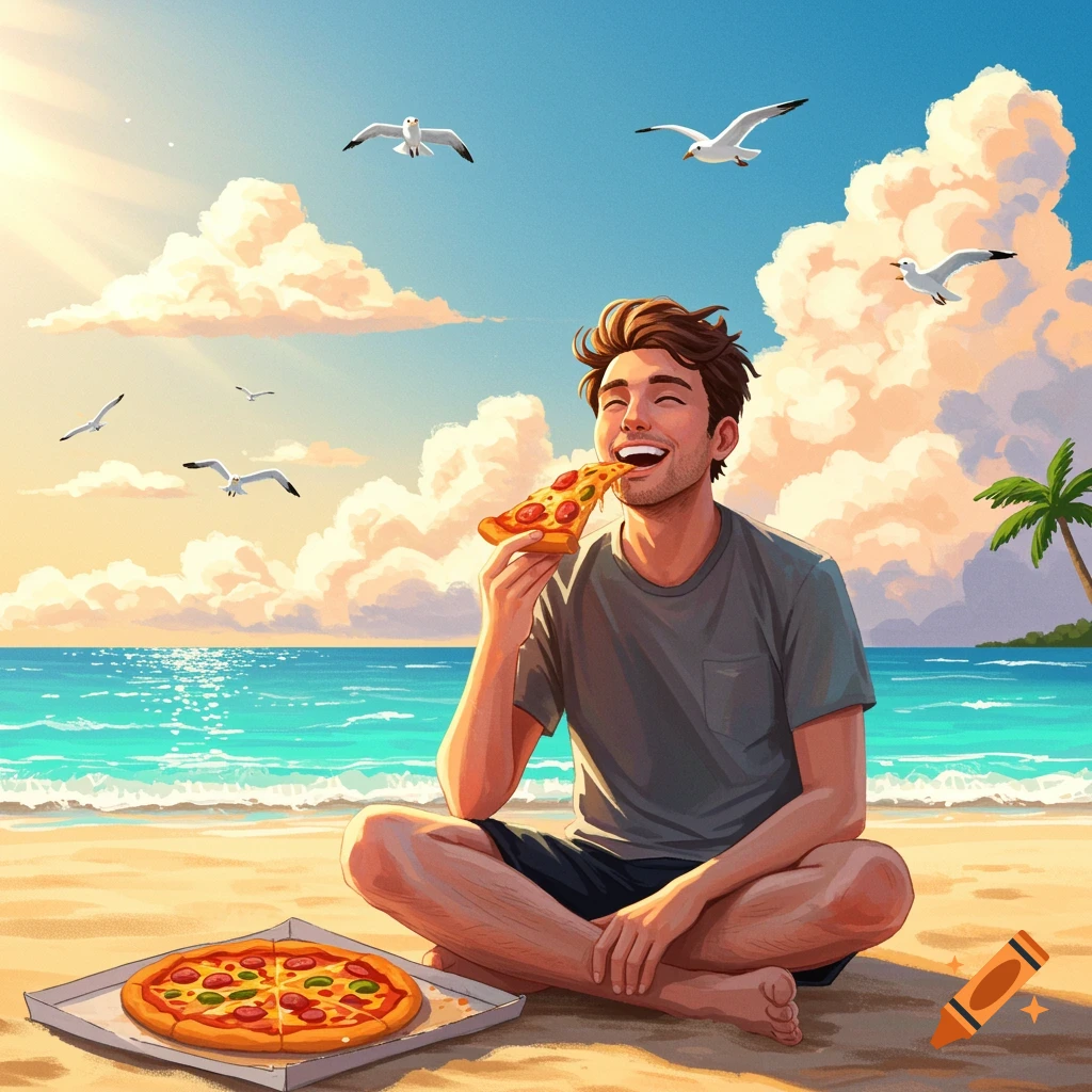 An illustrated man sits on a sunny beach, happily eating a slice of pizza. Seagulls fly overhead and the ocean waves in the background.