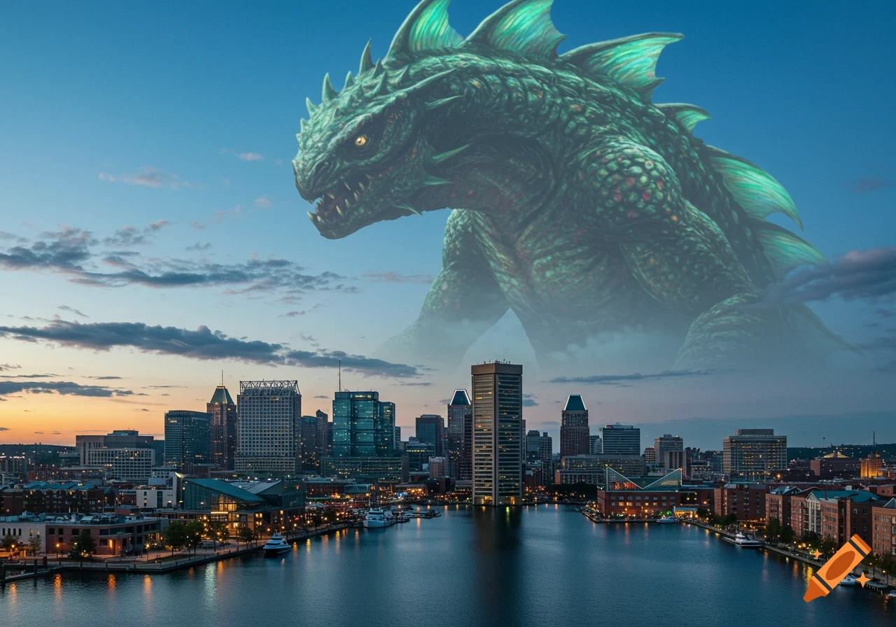 A massive green monster with glowing eyes stands above the Baltimore city skyline at sunset.