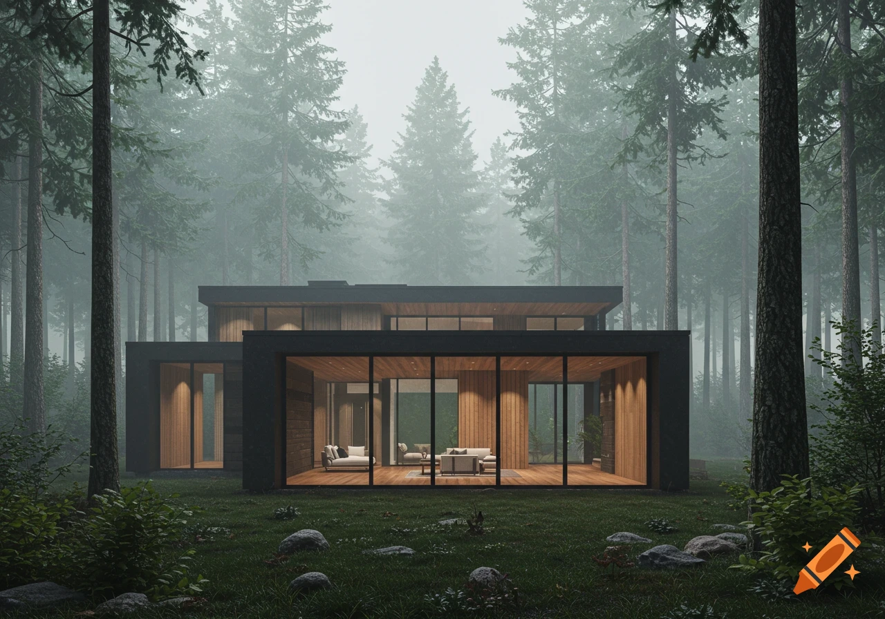 Modern house with large windows and hardwood floors in a misty evergreen forest.