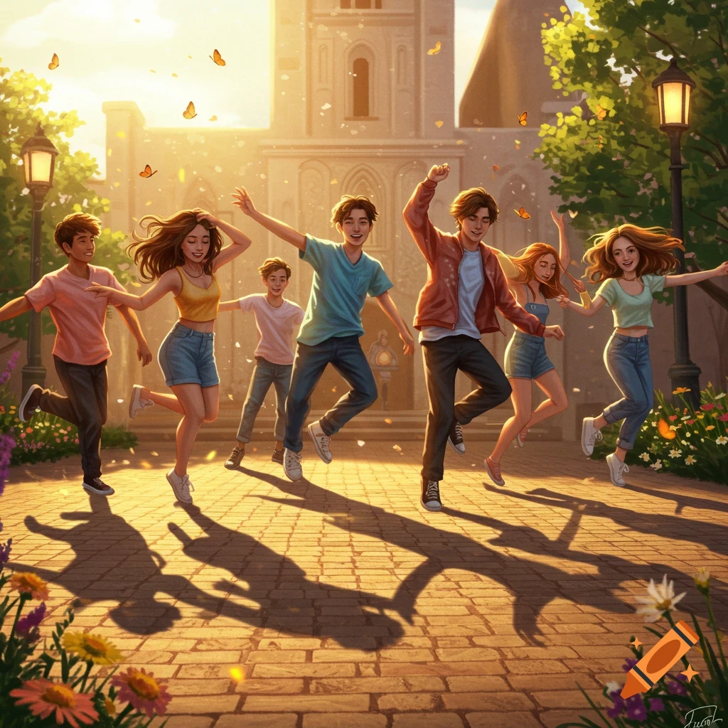 Six teenagers dancing joyfully on a stone path in front of a grand building during sunset, with butterflies and flowers around them, in a digital art style.