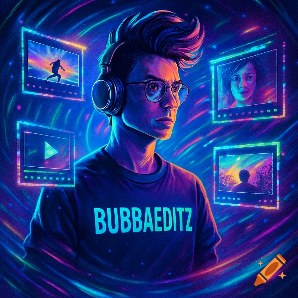 A man with headphones and glasses wearing a 'BUBBAEDITZ' shirt, surrounded by glowing video screens in a neon-lit digital space.