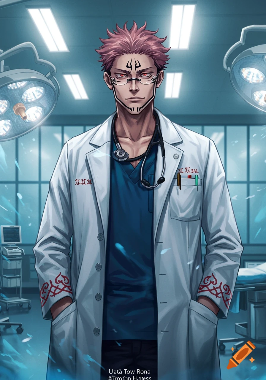 Anime character Sukuna from JJK with red hair and face tattoos, wearing a white doctor's coat and stethoscope in an operating room.