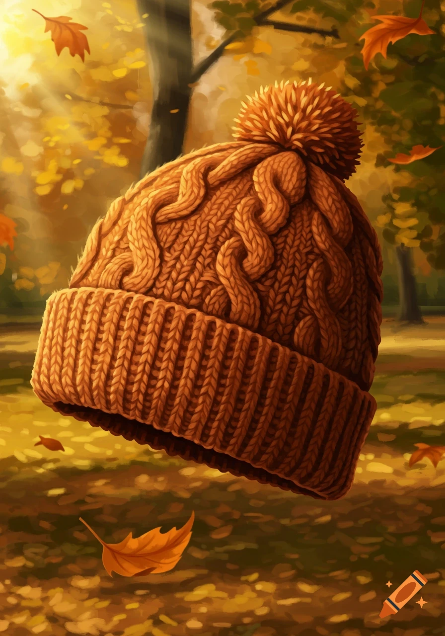 A vibrant orange knit beanie with a pom-pom floats amidst falling autumn leaves in a sunlit forest.