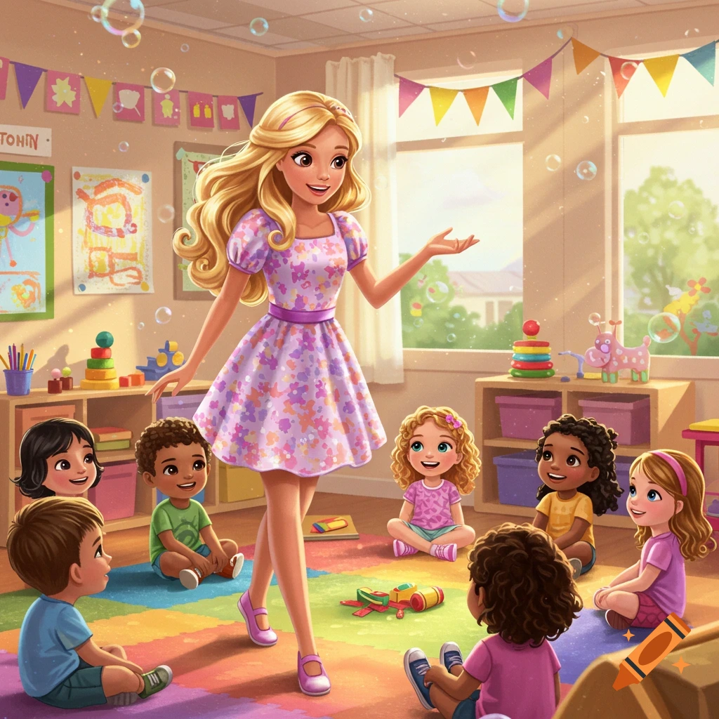 A blonde Barbie-style teacher in a colorful dress stands in a vibrant classroom surrounded by diverse young children sitting on a rainbow rug, with bubbles floating around.