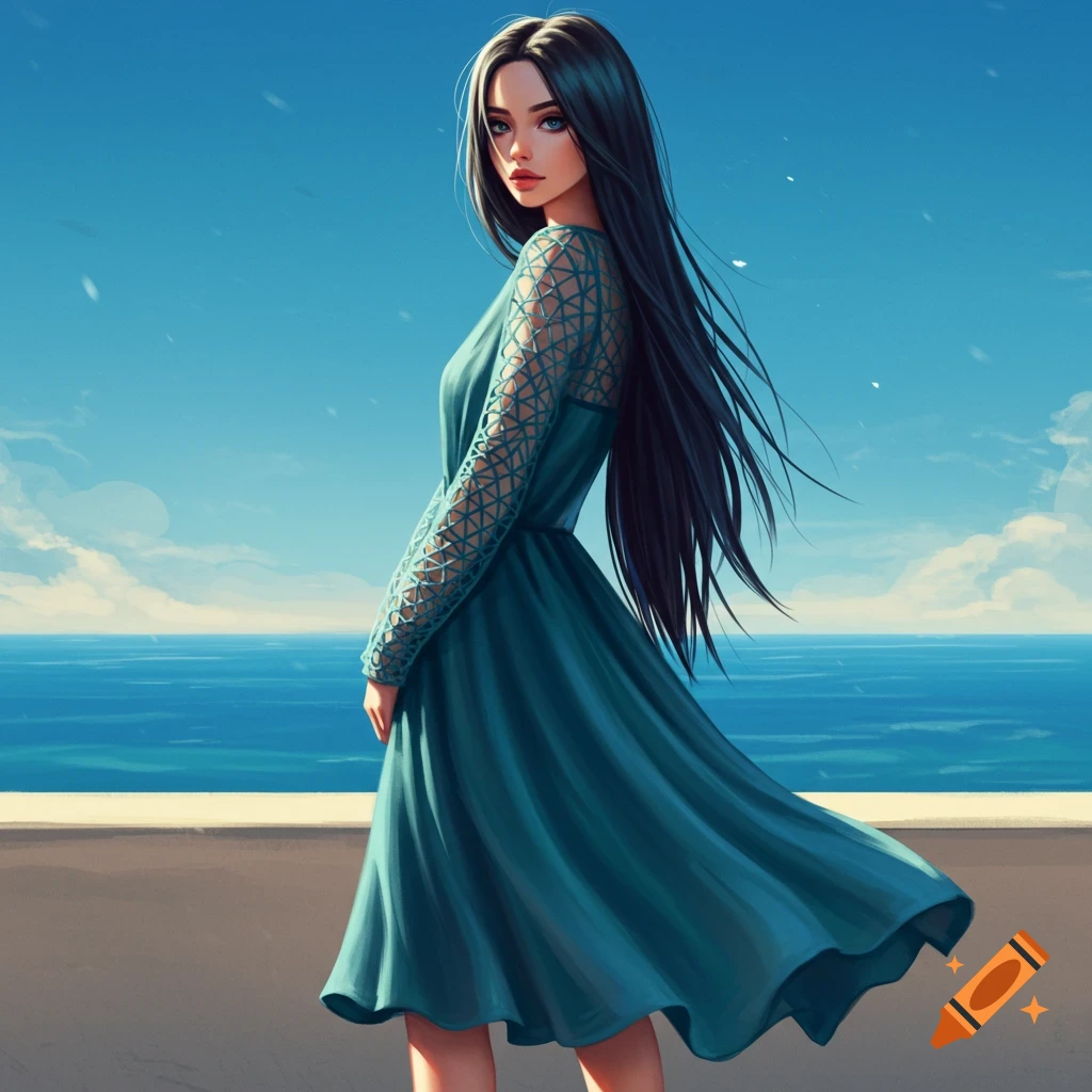 A stylized woman with long dark hair in a flowing blue dress stands by the ocean under a clear sky.