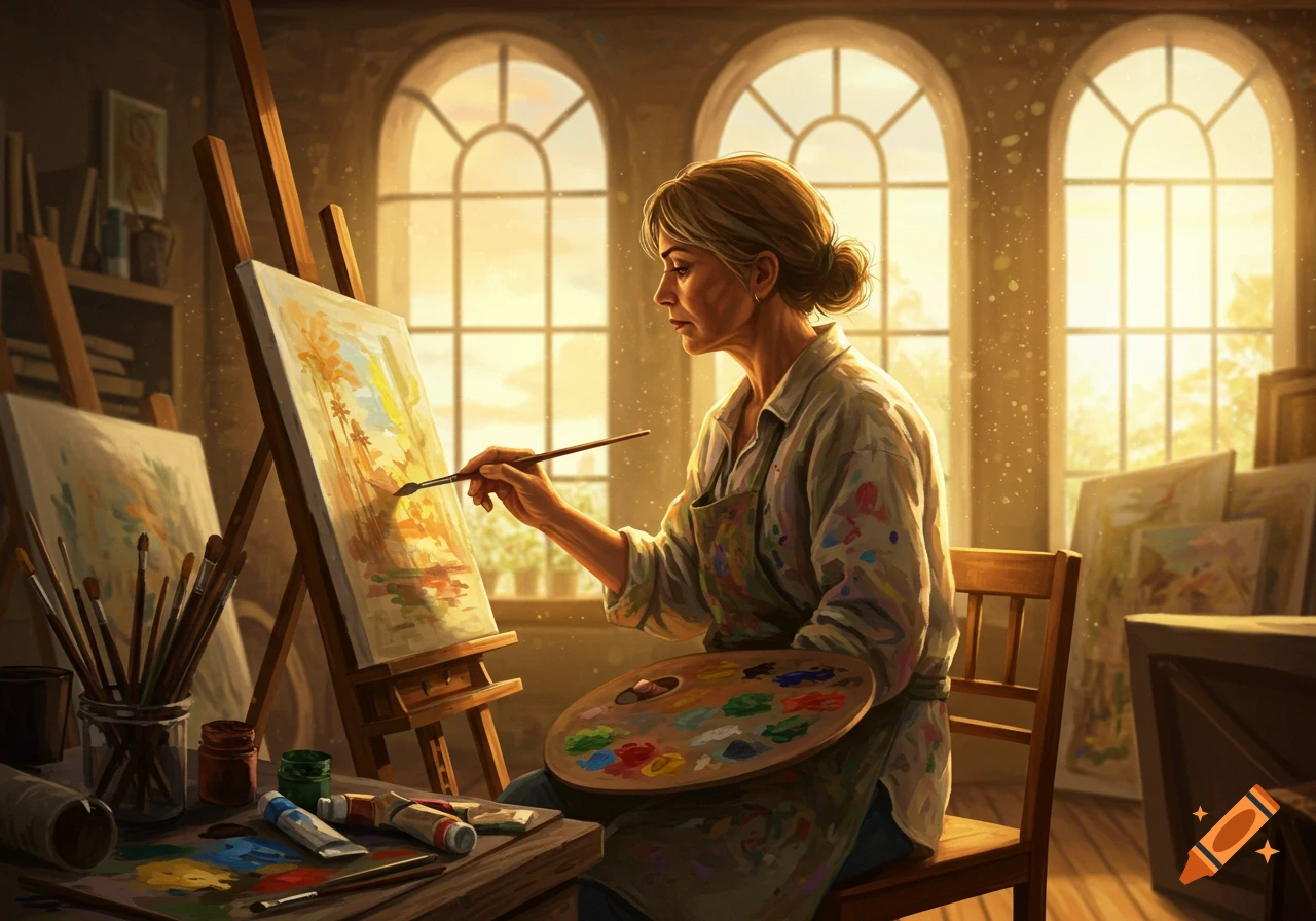 An artist painting a landscape on an easel in a sunlit studio with large arched windows.