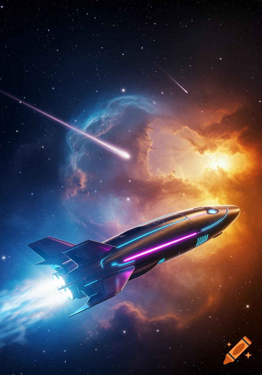 A futuristic rocket ship with neon blue and pink lights flies through a vibrant nebula in deep space with stars and shooting stars.