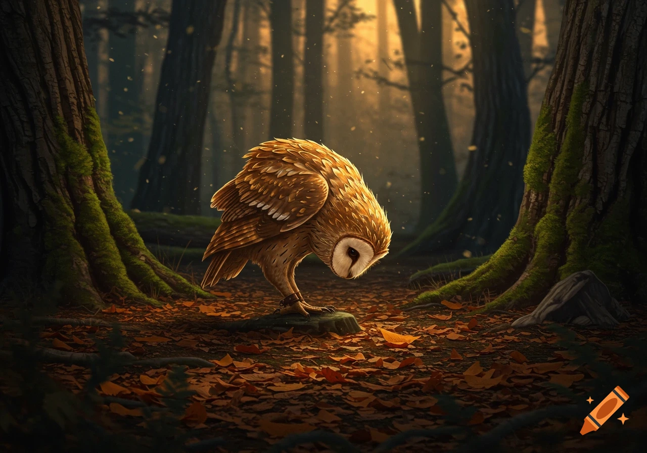 A golden-brown owl bows its head among fallen leaves in a sunlit forest, with tall trees in the background.